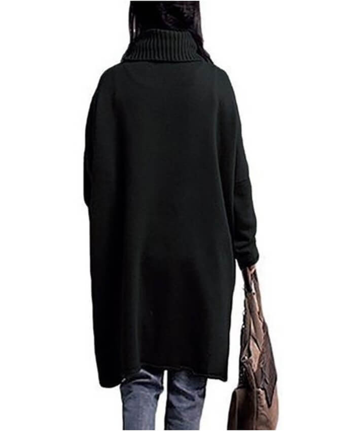 Batwing Sleeve Turtleneck Black Asymmetric Sweater